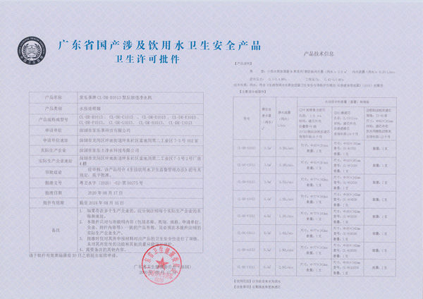 凈水器基礎(chǔ)資質(zhì)涉水批件